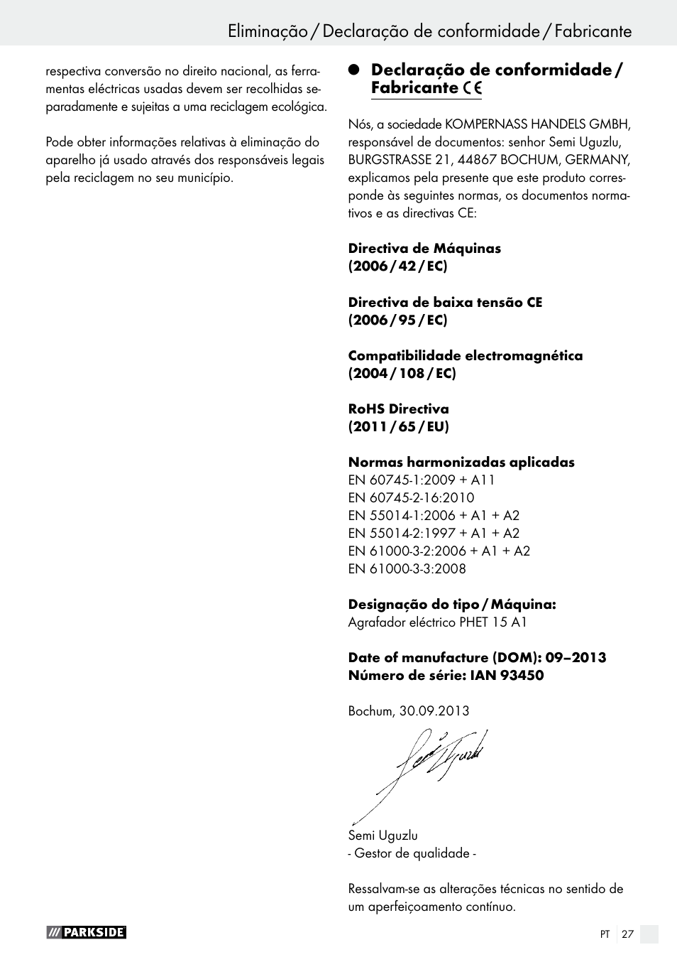 Declaração de conformidade / fabricante | Parkside PHET 15 A1 User Manual | Page 27 / 44