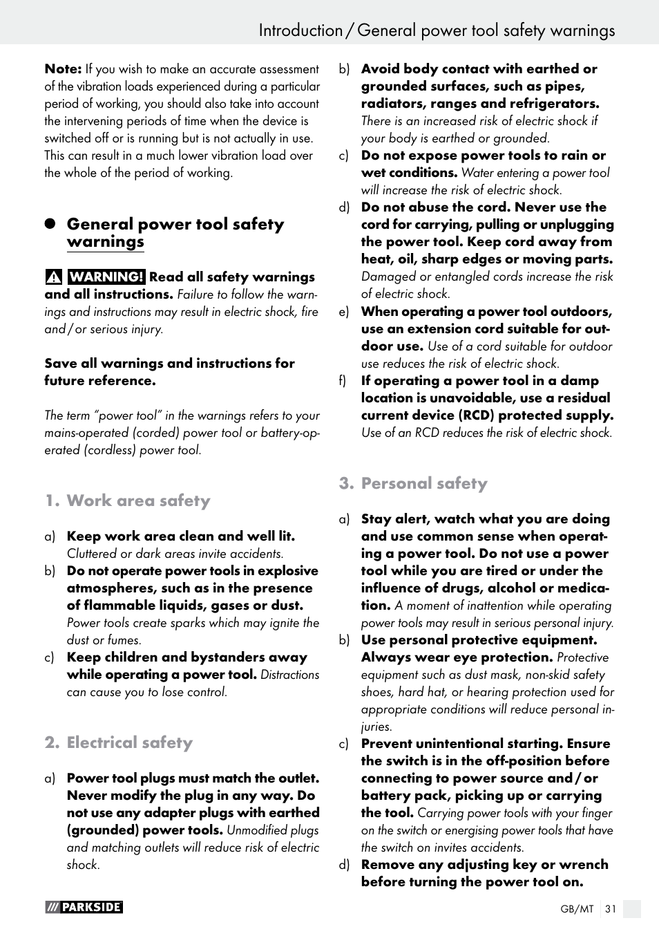 General power tool safety warnings, Work area safety, Electrical safety | Personal safety | Parkside PHET 15 A1 User Manual | Page 31 / 44