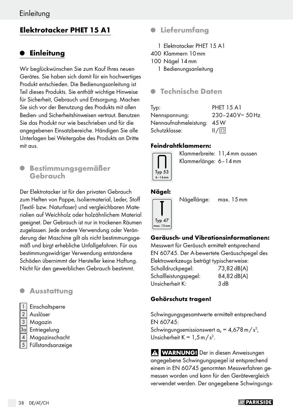Einleitung, Elektrotacker phet 15 a1, Bestimmungsgemäßer gebrauch | Ausstattung, Lieferumfang, Technische daten | Parkside PHET 15 A1 User Manual | Page 38 / 44