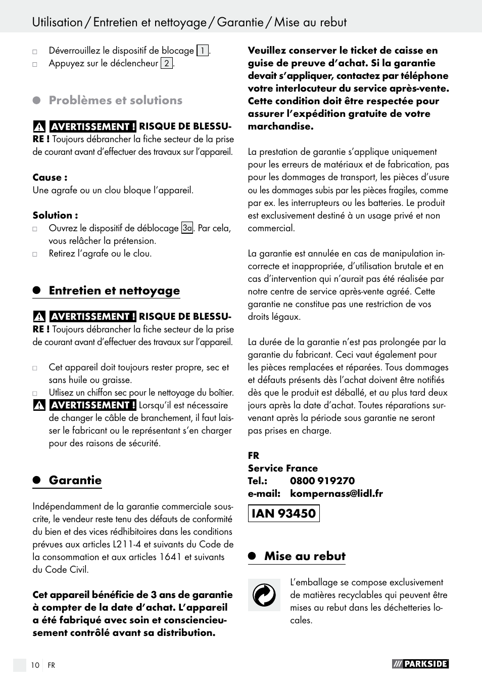 Problèmes et solutions, Entretien et nettoyage, Garantie | Mise au rebut | Parkside PHET 15 A1 User Manual | Page 10 / 27