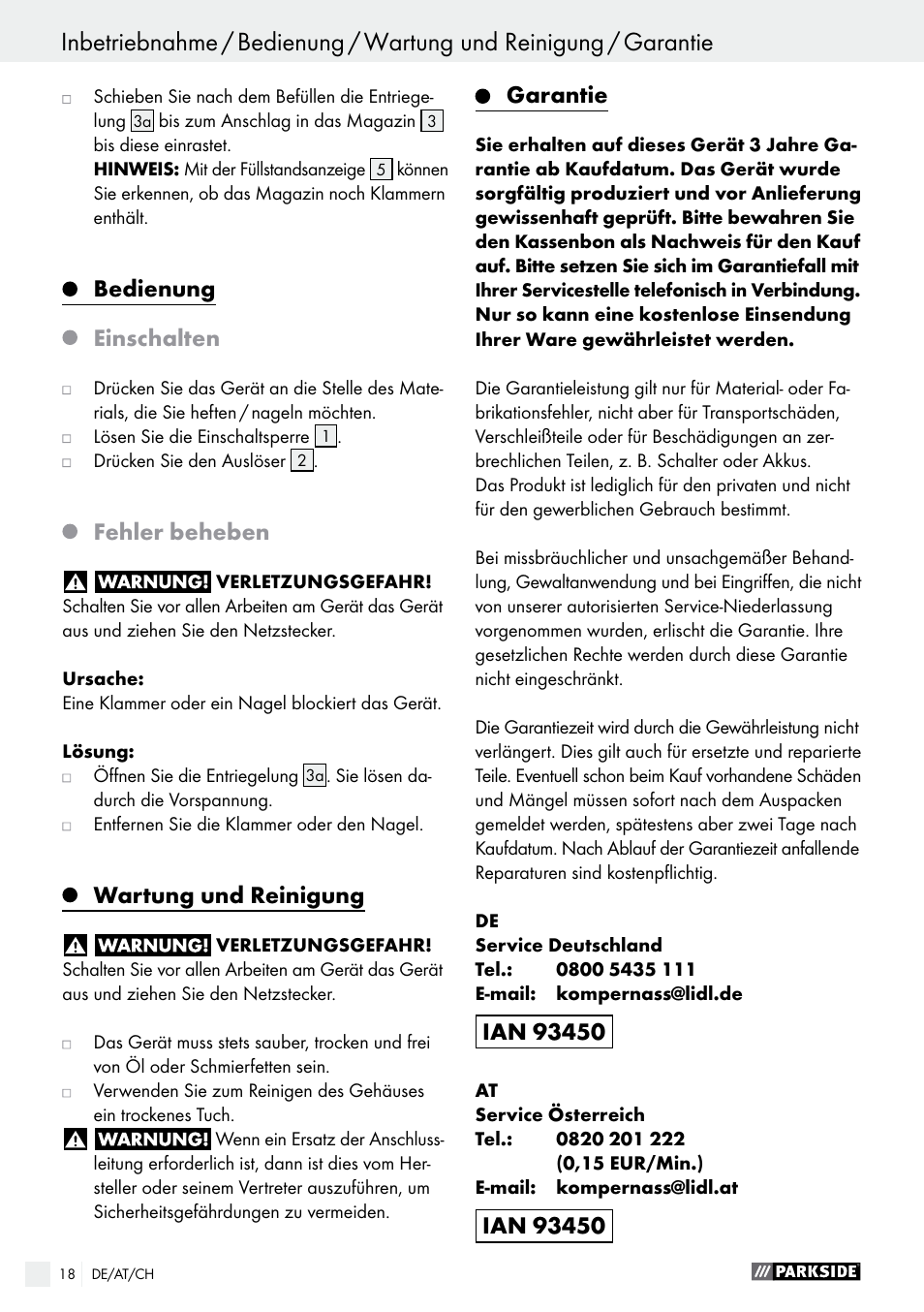 Bedienung, Einschalten, Fehler beheben | Wartung und reinigung, Garantie | Parkside PHET 15 A1 User Manual | Page 18 / 27