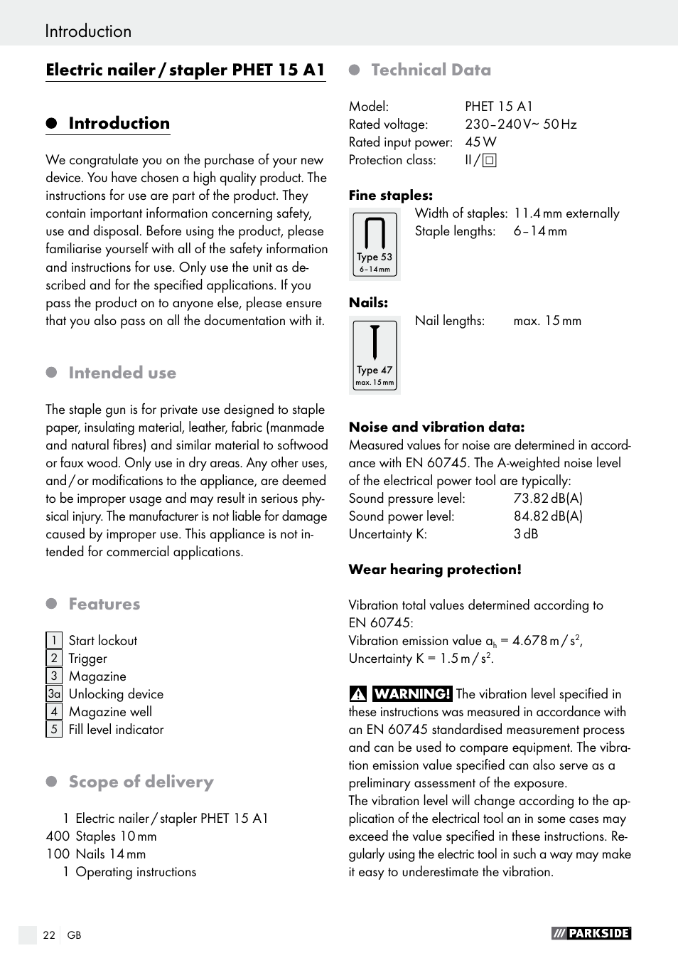 Electric nailer / stapler phet 15 a1, Introduction, Intended use | Features, Scope of delivery, Technical data | Parkside PHET 15 A1 User Manual | Page 22 / 27