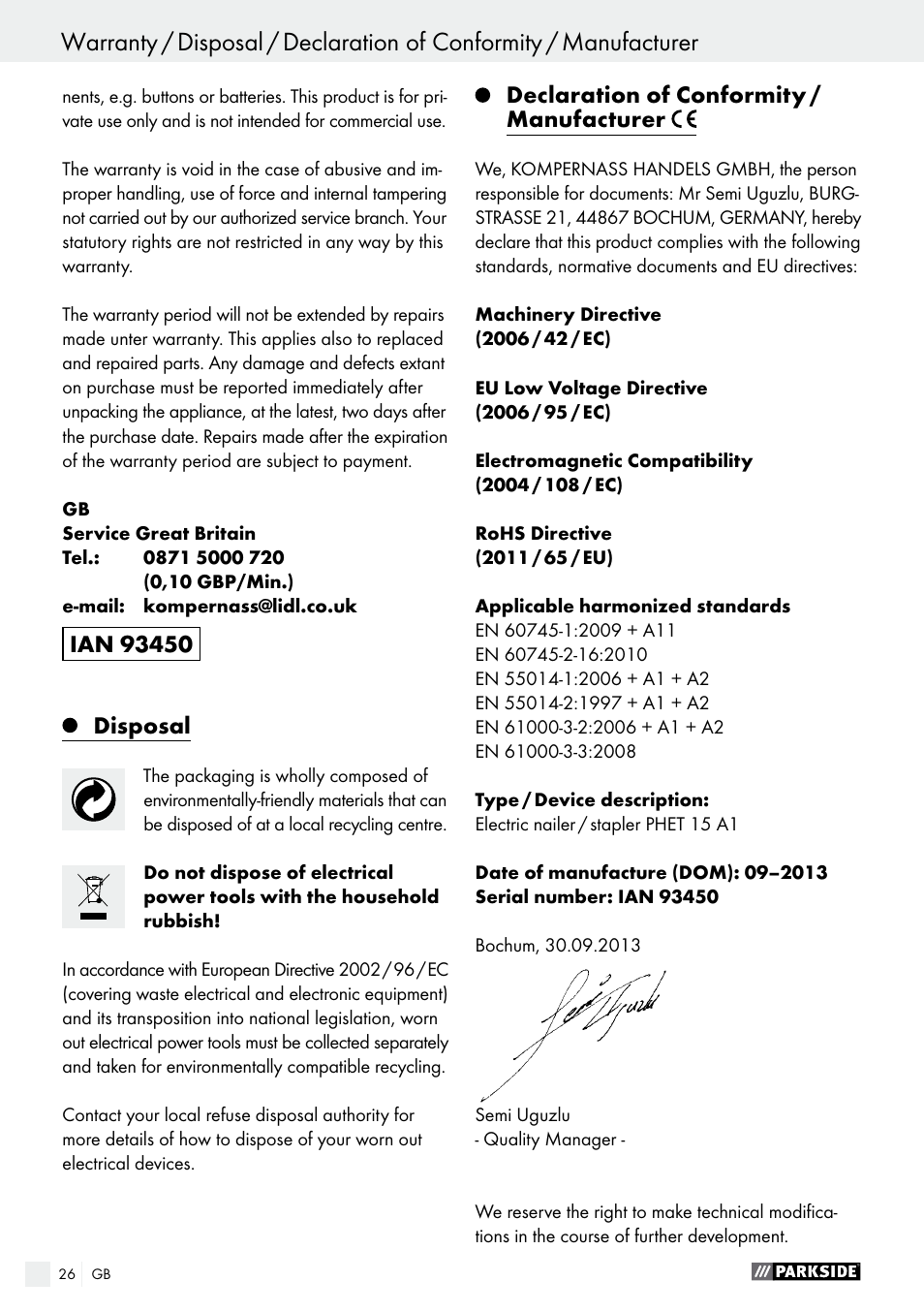 Disposal, Declaration of conformity / manufacturer | Parkside PHET 15 A1 User Manual | Page 26 / 27