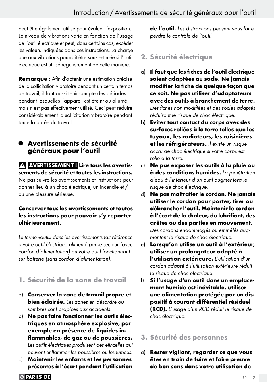 Avertissements de sécurité généraux pour l’outil, Sécurité de la zone de travail, Sécurité électrique | Sécurité des personnes | Parkside PHET 15 A1 User Manual | Page 7 / 27