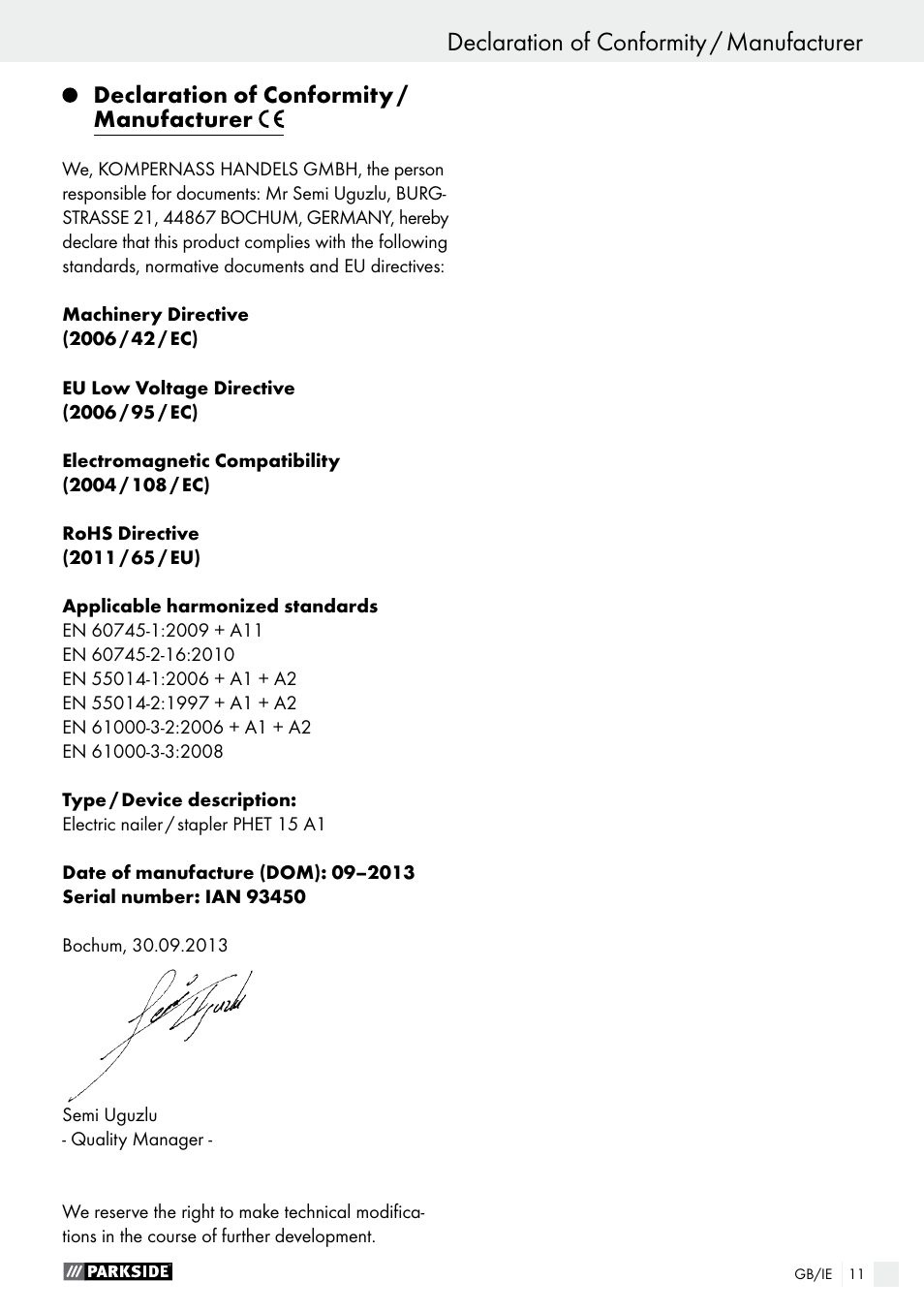 Declaration of conformity / manufacturer, Warranty / disposal | Parkside PHET 15 A1 User Manual | Page 11 / 58