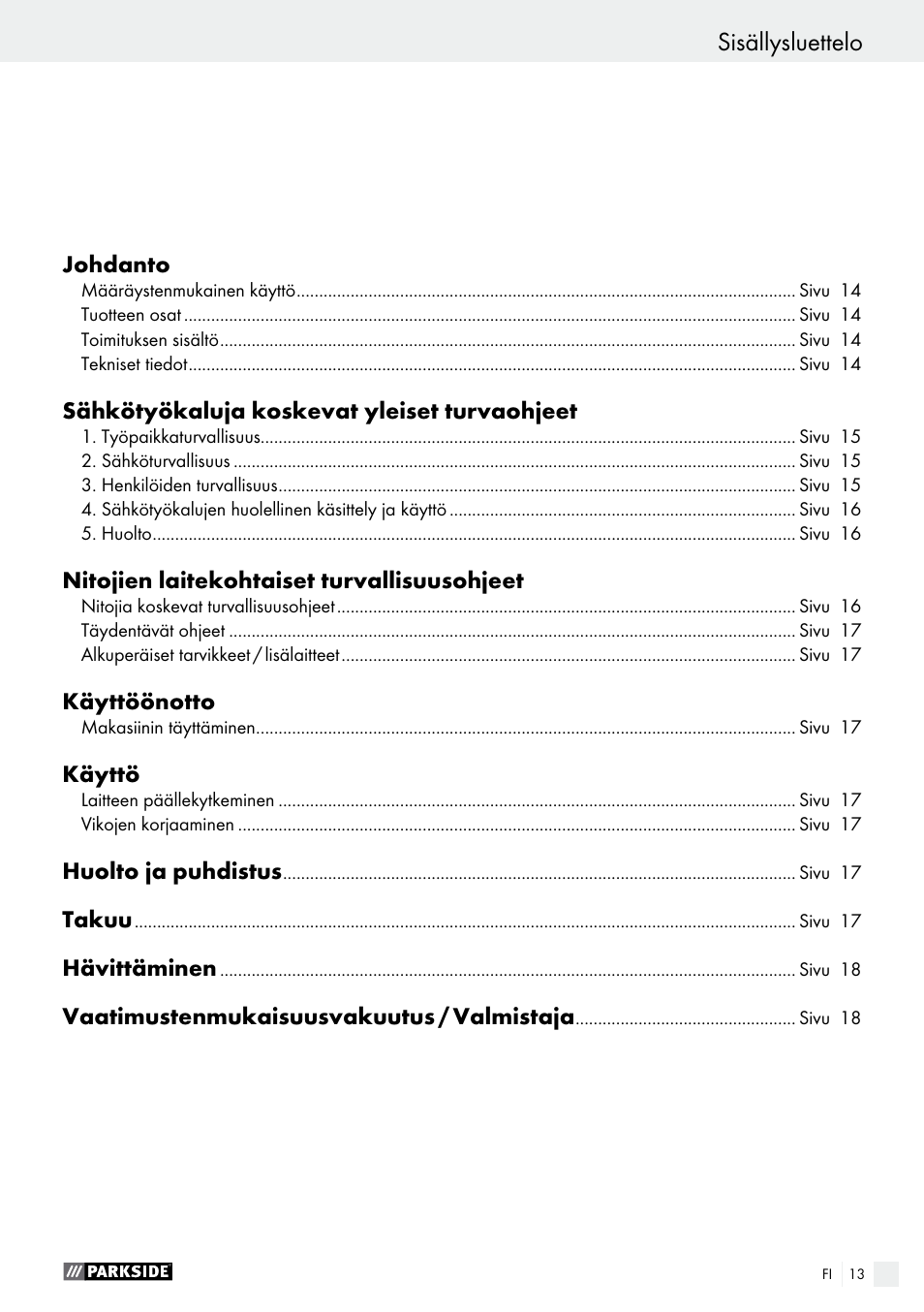 Sisällysluettelo | Parkside PHET 15 A1 User Manual | Page 13 / 58