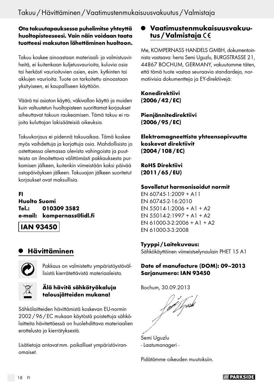 Innehållsförteckning, Hävittäminen, Vaatimustenmukaisuusvakuu- tus / valmistaja | Parkside PHET 15 A1 User Manual | Page 18 / 58