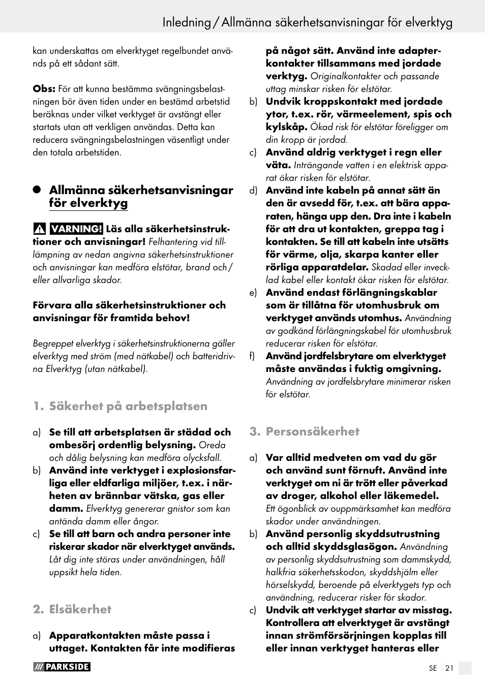 Allmänna säkerhetsanvisningar för elverktyg, Säkerhet på arbetsplatsen, Elsäkerhet | Personsäkerhet | Parkside PHET 15 A1 User Manual | Page 21 / 58