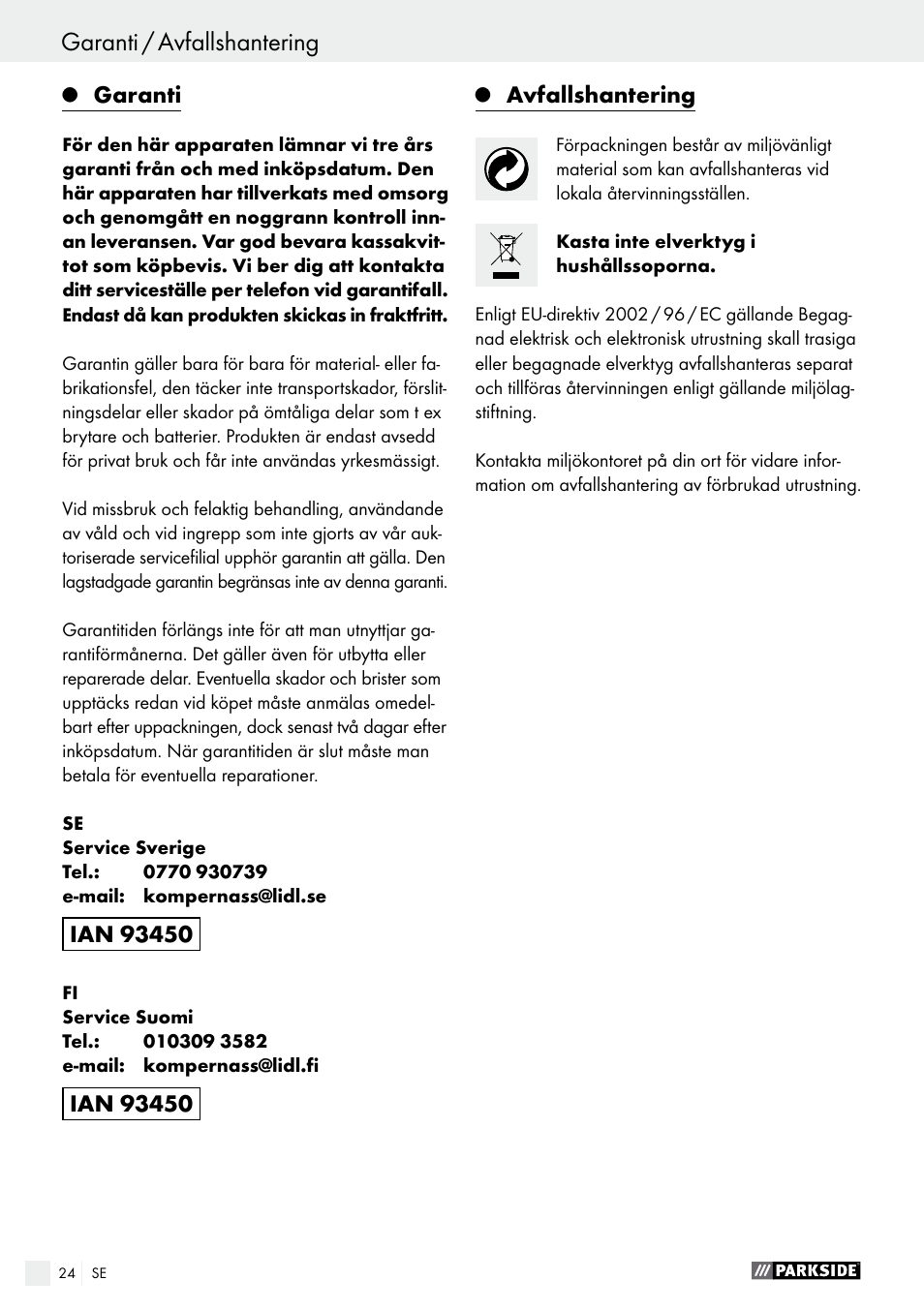 Garanti / avfallshantering, Konformitetsdeklaration / tillverkarintyg | Parkside PHET 15 A1 User Manual | Page 24 / 58