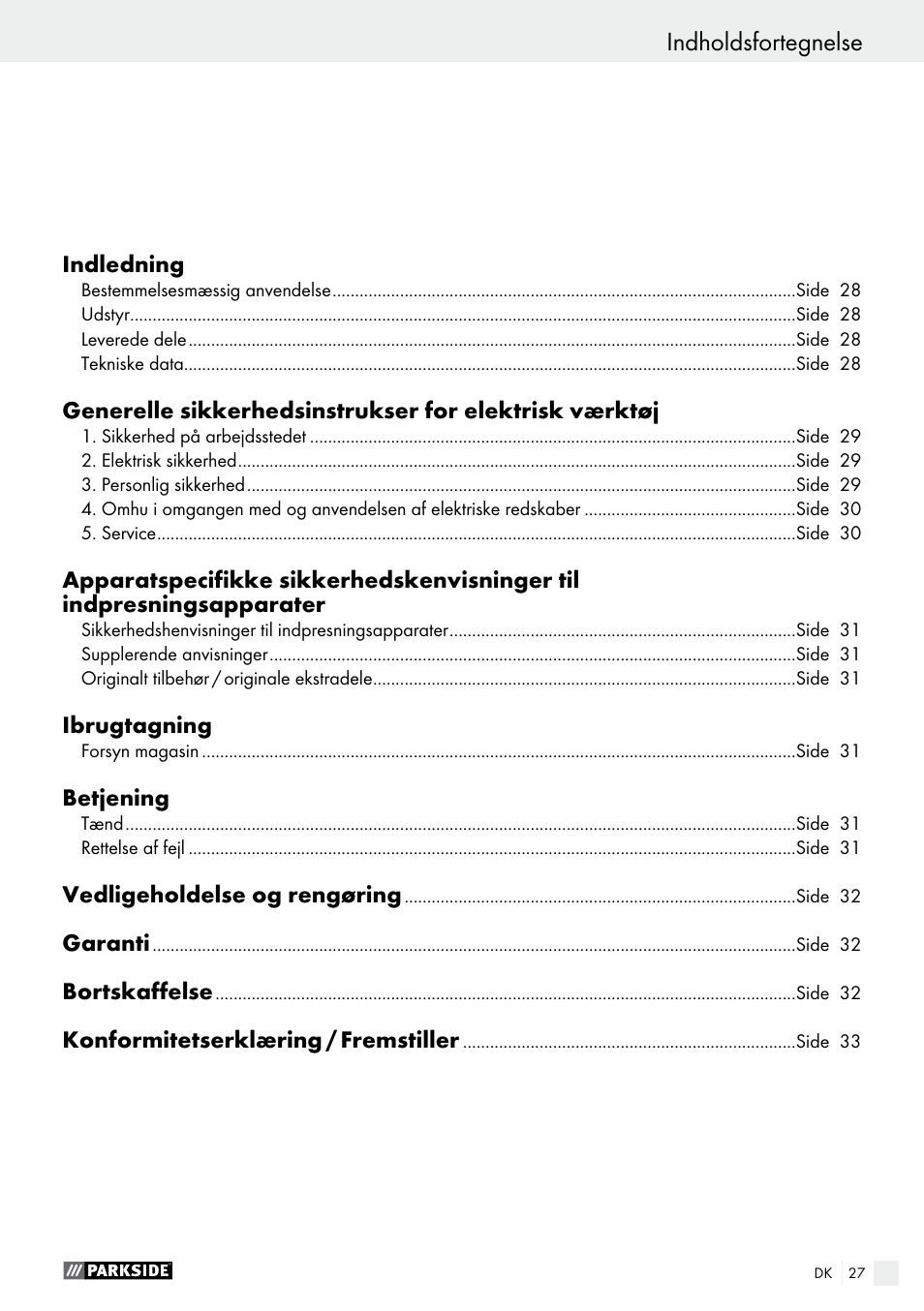 Indholdsfortegnelse | Parkside PHET 15 A1 User Manual | Page 27 / 58