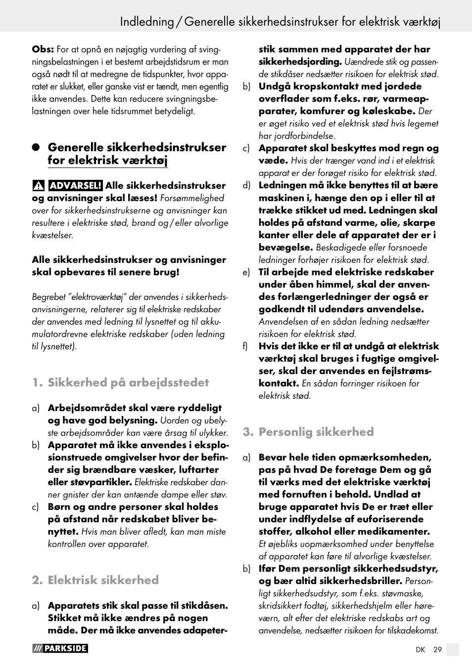 Indledning, Sikkerhed på arbejdsstedet, Elektrisk sikkerhed | Personlig sikkerhed | Parkside PHET 15 A1 User Manual | Page 29 / 58