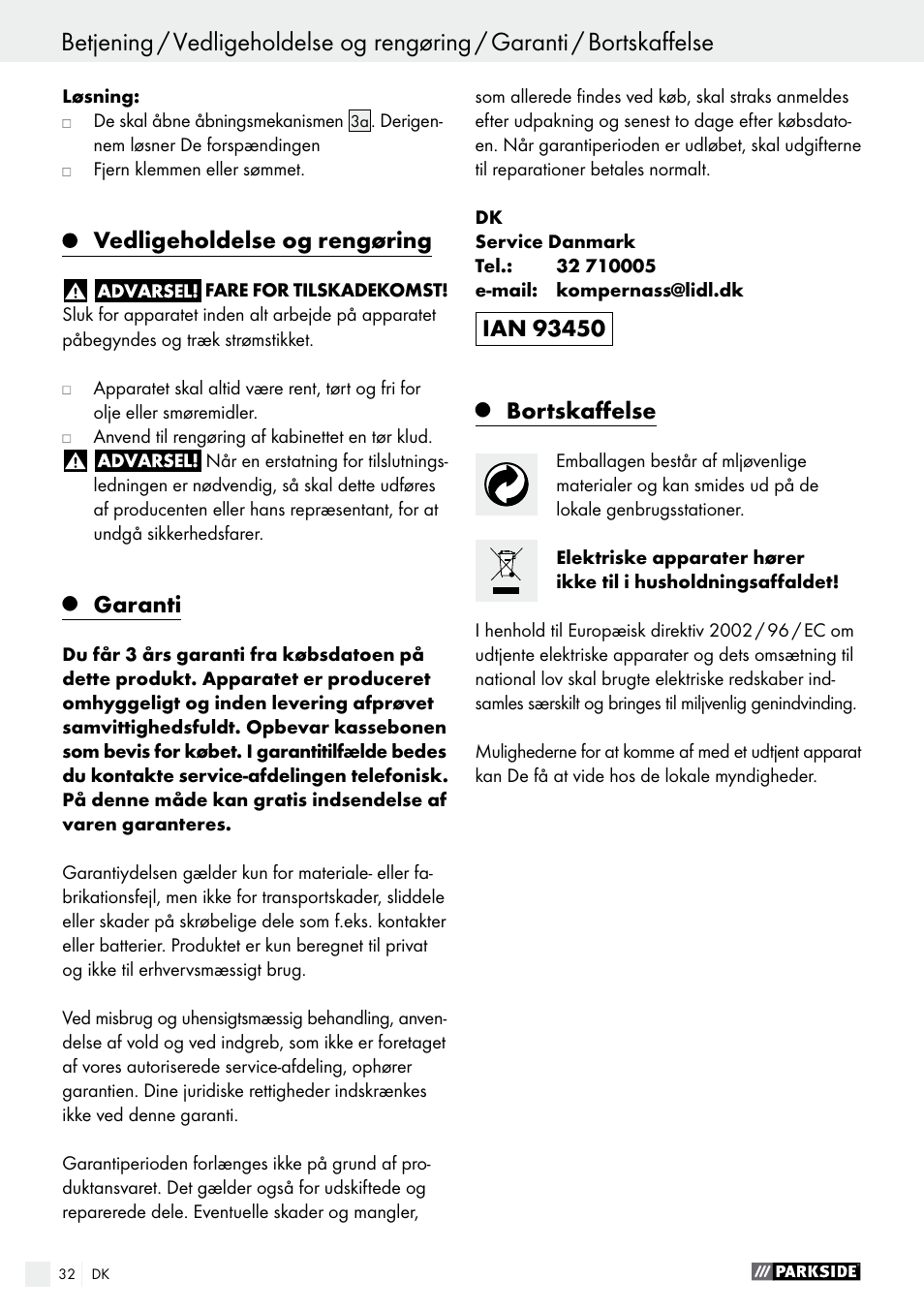 Vedligeholdelse og rengøring, Garanti, Bortskaffelse | Parkside PHET 15 A1 User Manual | Page 32 / 58