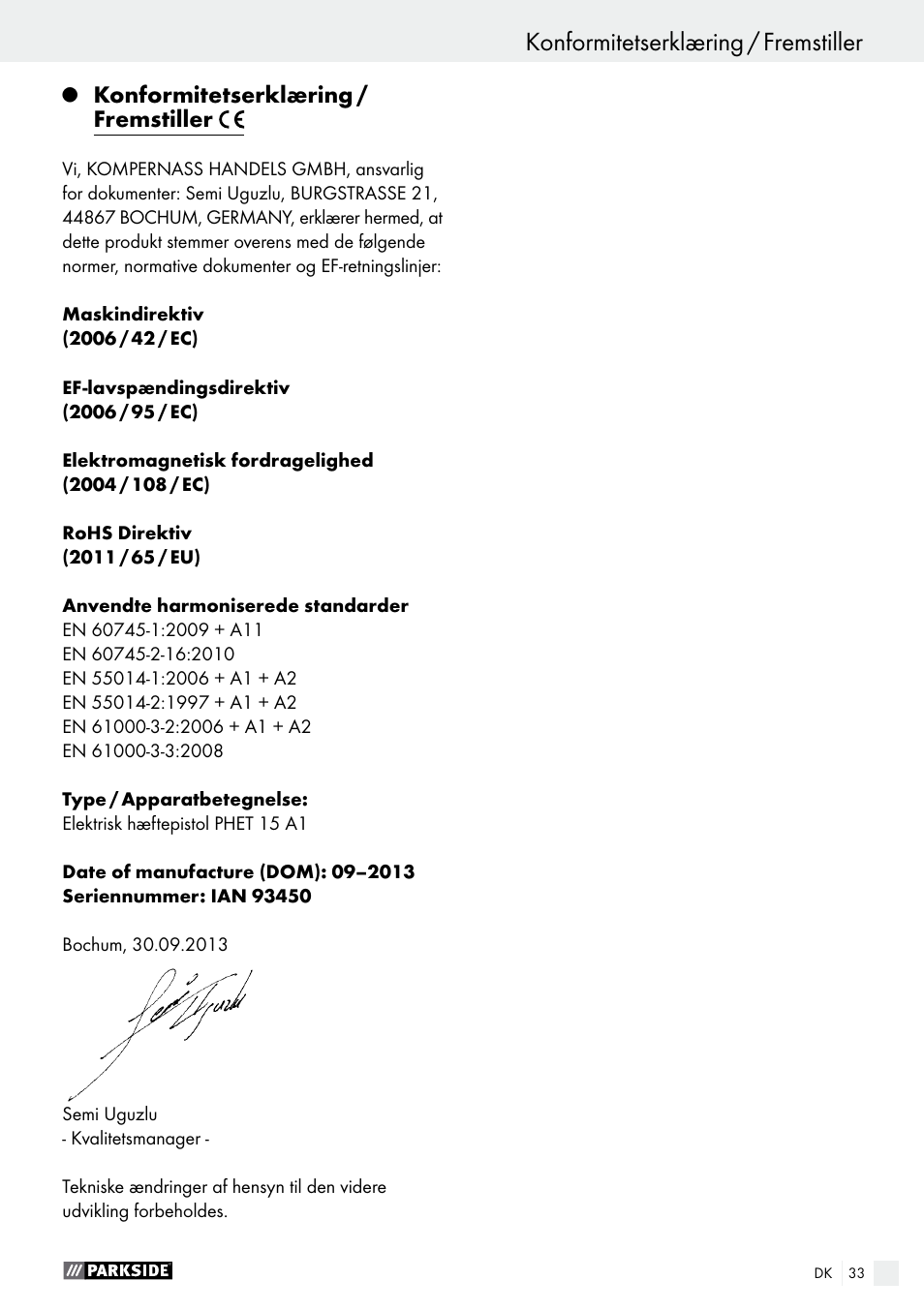 Konformitetserklæring / fremstiller | Parkside PHET 15 A1 User Manual | Page 33 / 58
