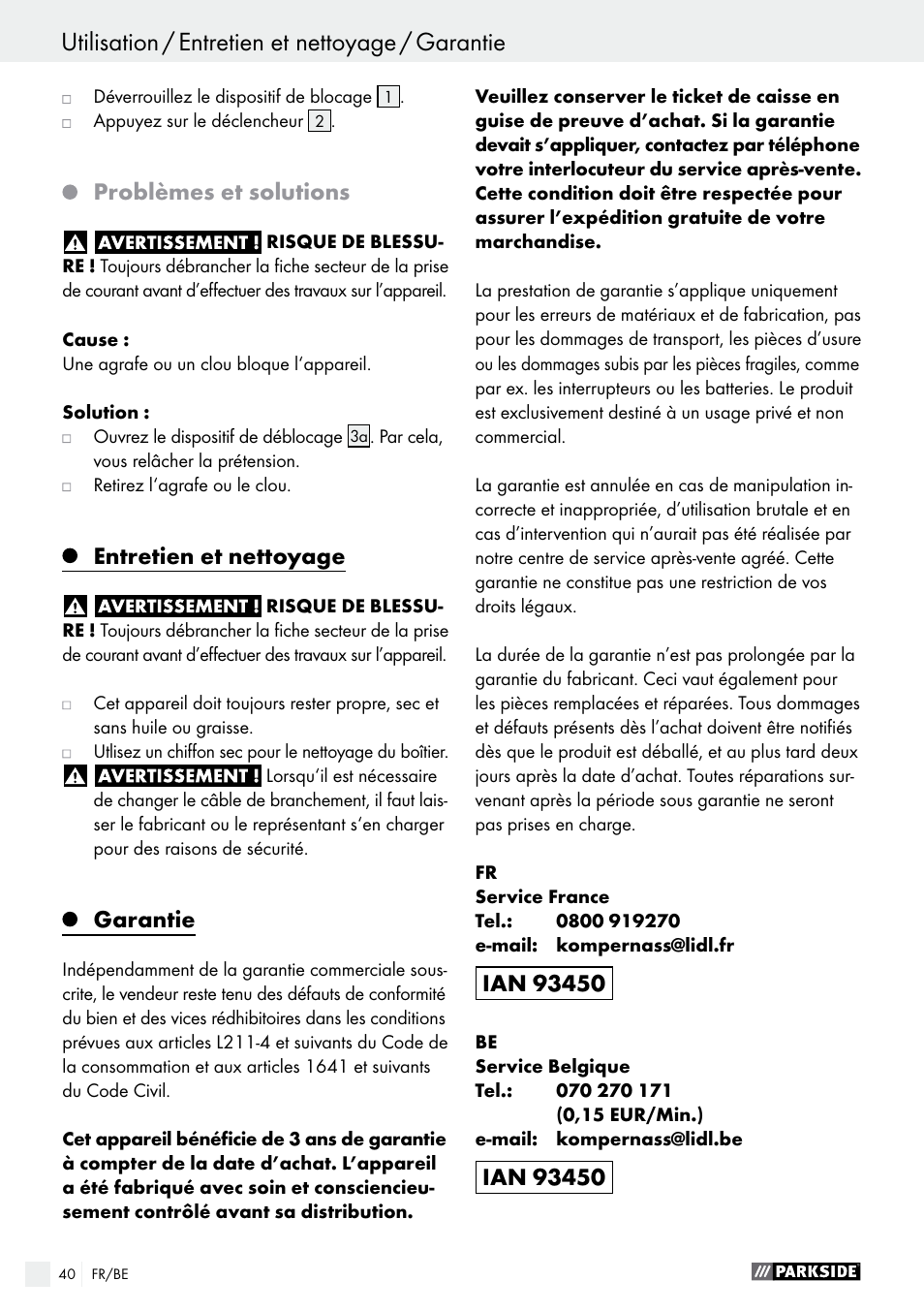 Problèmes et solutions, Entretien et nettoyage, Garantie | Parkside PHET 15 A1 User Manual | Page 40 / 58