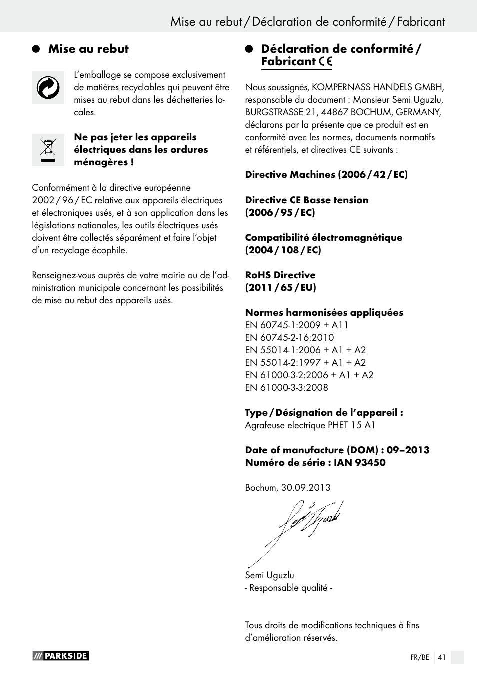 Utilisation / entretien et nettoyage / garantie, Mise au rebut, Déclaration de conformité / fabricant | Parkside PHET 15 A1 User Manual | Page 41 / 58