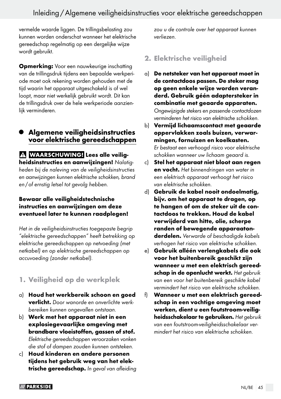 Veiligheid op de werkplek, Elektrische veiligheid | Parkside PHET 15 A1 User Manual | Page 45 / 58