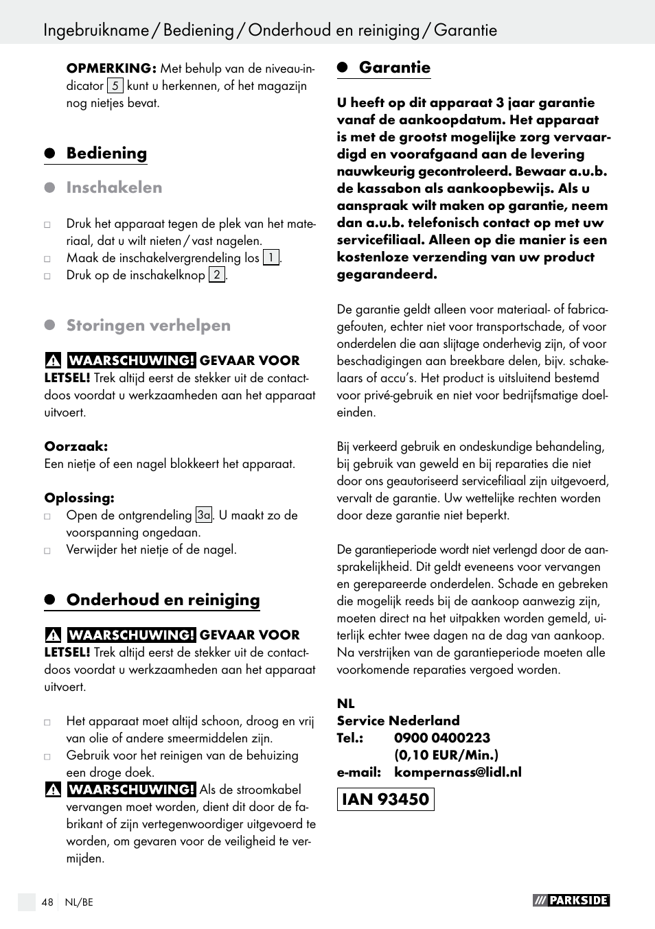 Bediening, Inschakelen, Storingen verhelpen | Onderhoud en reiniging, Garantie | Parkside PHET 15 A1 User Manual | Page 48 / 58