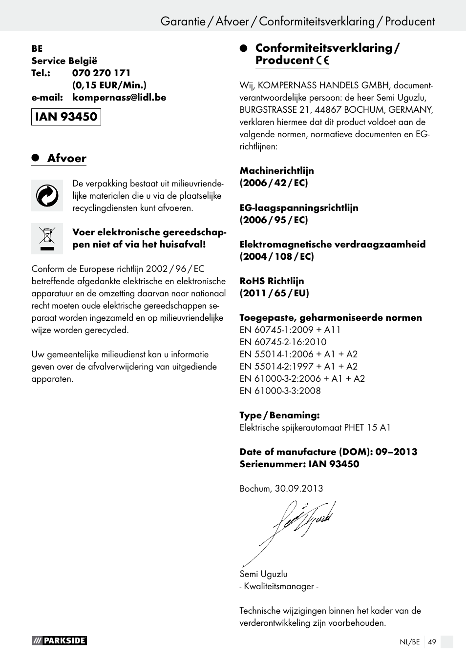 Afvoer, Conformiteitsverklaring / producent | Parkside PHET 15 A1 User Manual | Page 49 / 58