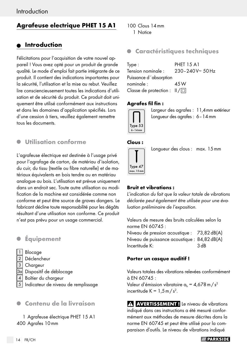 Agrafeuse electrique phet 15 a1, Introduction, Utilisation conforme | Équipement, Contenu de la livraison, Caractéristiques techniques | Parkside PHET 15 A1 User Manual | Page 14 / 35