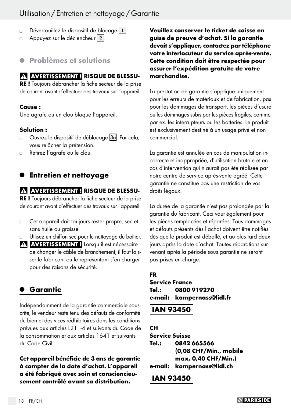 Problèmes et solutions, Entretien et nettoyage, Garantie | Parkside PHET 15 A1 User Manual | Page 18 / 35