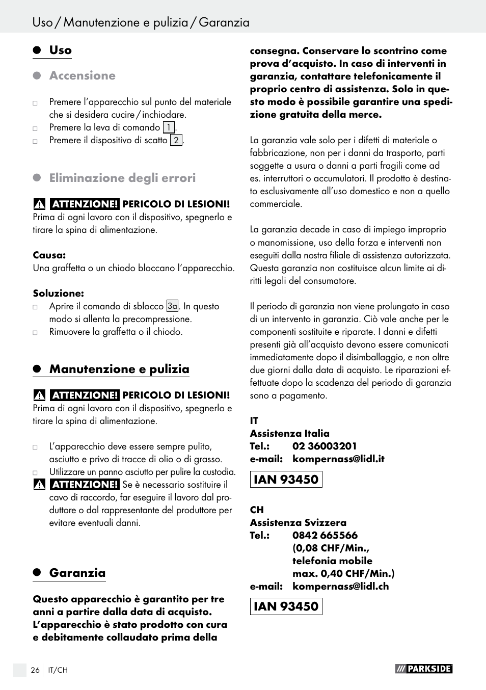 Accensione, Eliminazione degli errori, Manutenzione e pulizia | Garanzia | Parkside PHET 15 A1 User Manual | Page 26 / 35