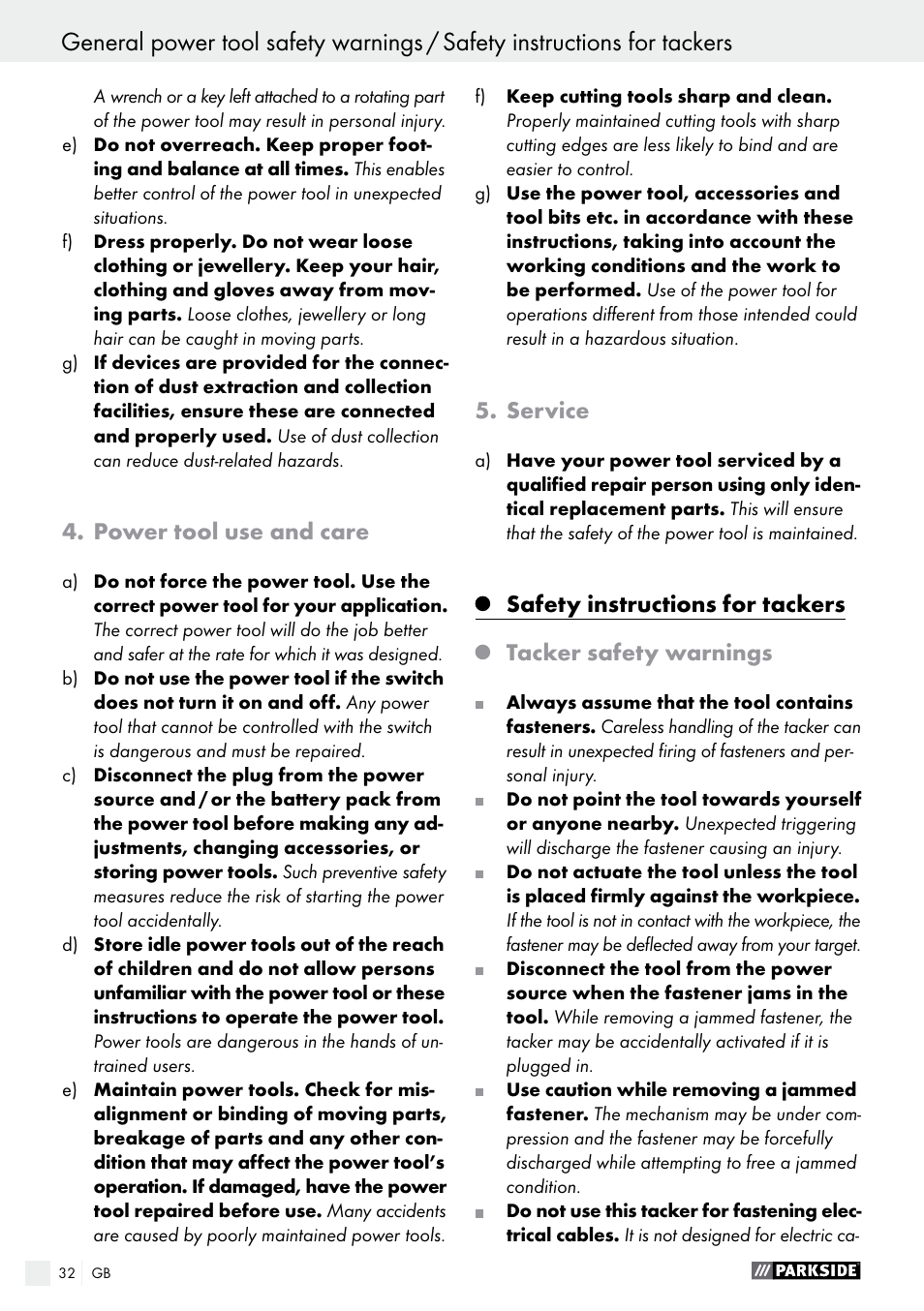 Power tool use and care, Service, Safety instructions for tackers | Tacker safety warnings | Parkside PHET 15 A1 User Manual | Page 32 / 35