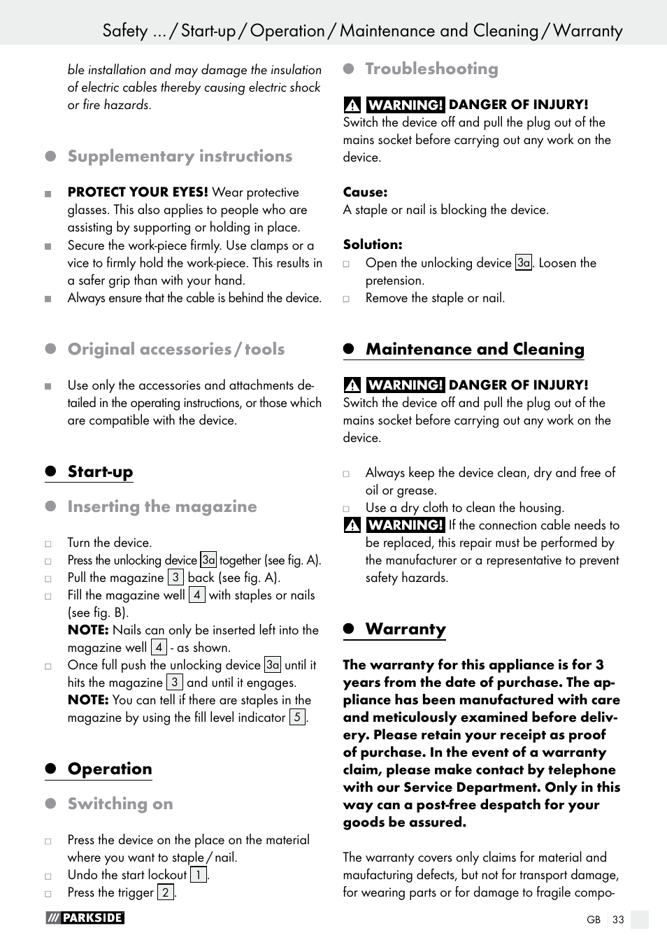 Supplementary instructions, Original accessories / tools, Start-up | Inserting the magazine, Operation, Switching on, Troubleshooting, Maintenance and cleaning, Warranty | Parkside PHET 15 A1 User Manual | Page 33 / 35