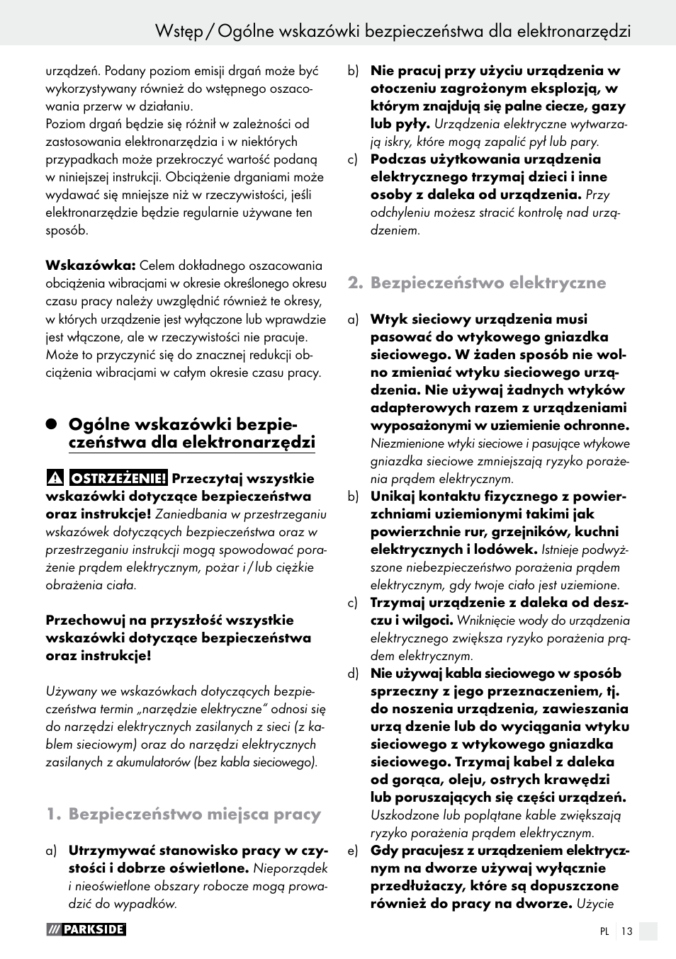 Bezpieczeństwo miejsca pracy, Bezpieczeństwo elektryczne | Parkside PHET 15 A1 User Manual | Page 13 / 50