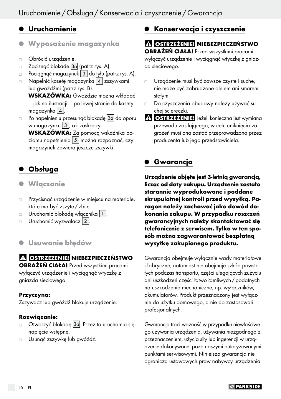 Uruchomienie, Wyposażenie magazynka, Obsługa | Włączanie, Usuwanie błędów, Konserwacja i czyszczenie, Gwarancja | Parkside PHET 15 A1 User Manual | Page 16 / 50