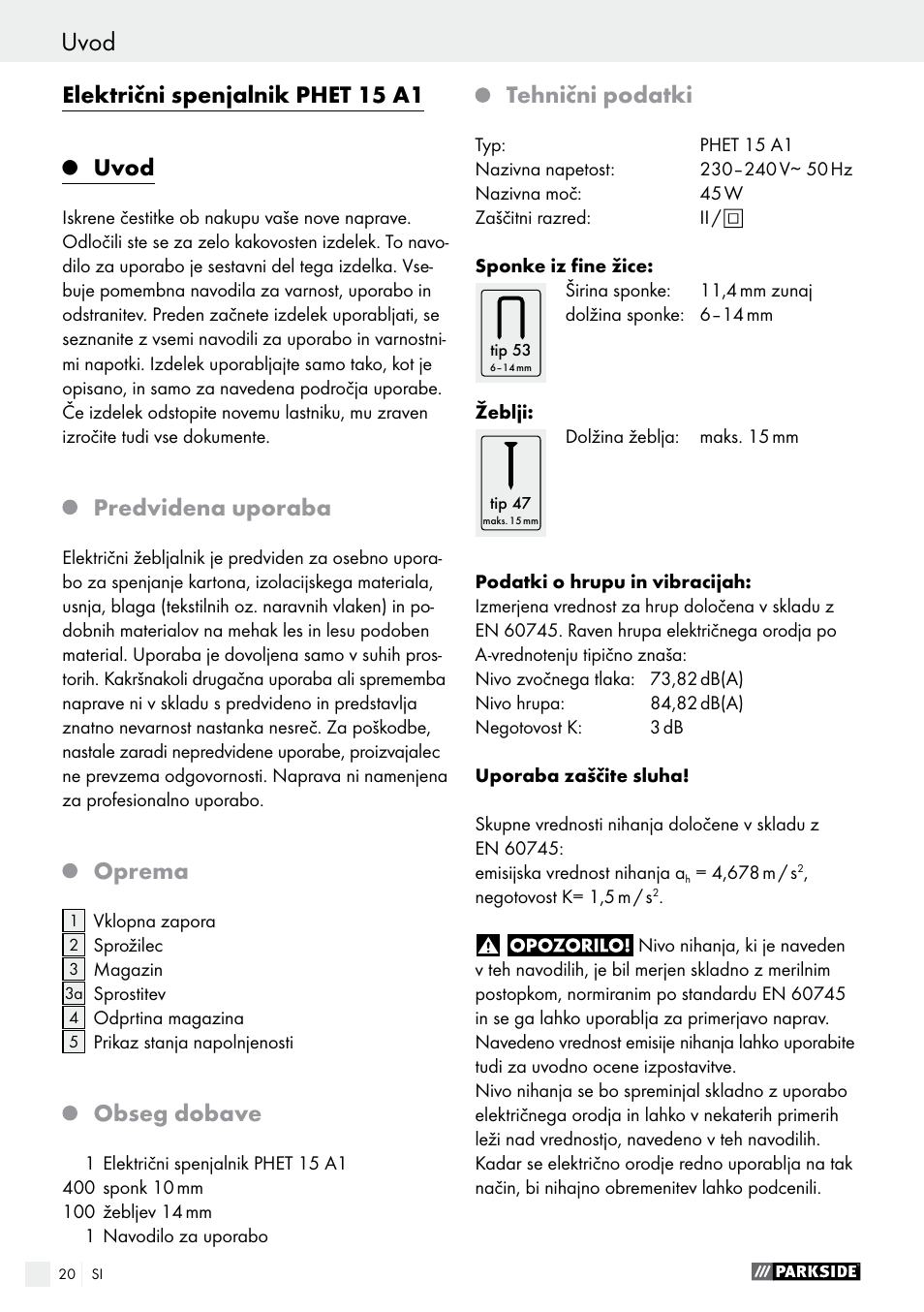 Električni spenjalnik phet 15 a1, Uvod, Predvidena uporaba | Oprema, Obseg dobave, Tehnični podatki | Parkside PHET 15 A1 User Manual | Page 20 / 50