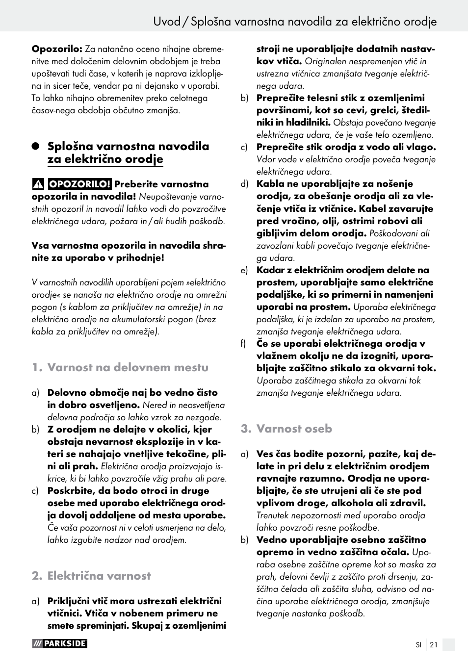 Splošna varnostna navodila za električno orodje, Varnost na delovnem mestu, Električna varnost | Varnost oseb | Parkside PHET 15 A1 User Manual | Page 21 / 50