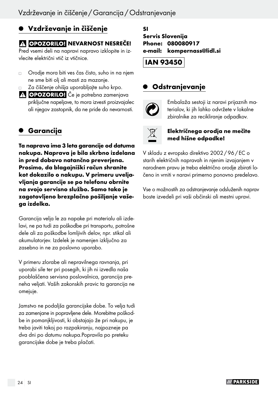 Vzdrževanje in čiščenje, Garancija, Odstranjevanje | Parkside PHET 15 A1 User Manual | Page 24 / 50