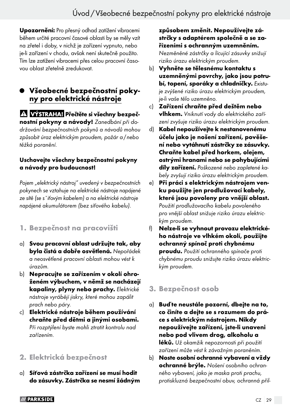 Bezpečnost na pracovišti, Elektrická bezpečnost, Bezpečnost osob | Parkside PHET 15 A1 User Manual | Page 29 / 50