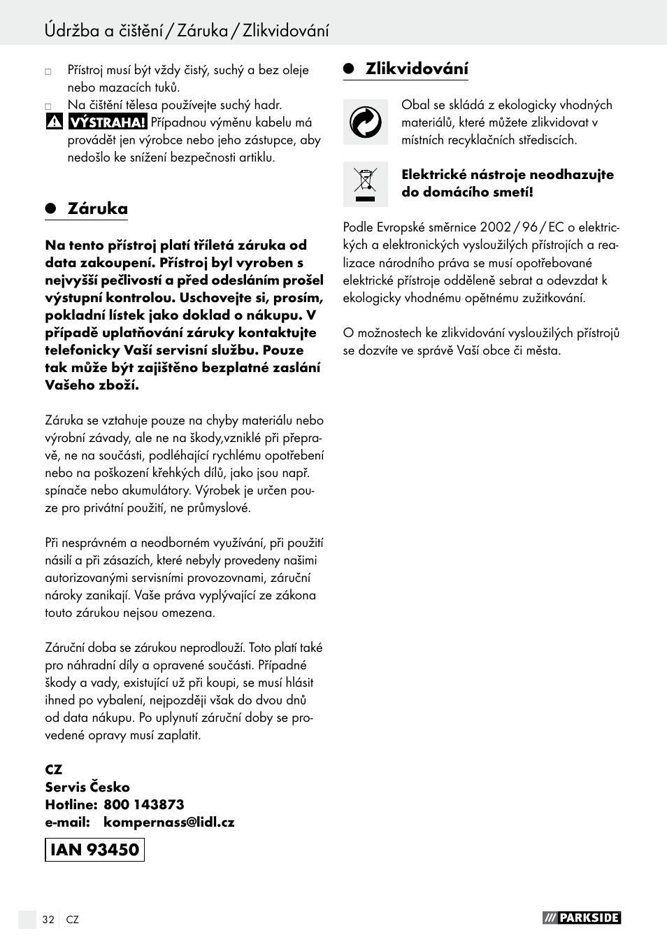 Záruka, Zlikvidování | Parkside PHET 15 A1 User Manual | Page 32 / 50