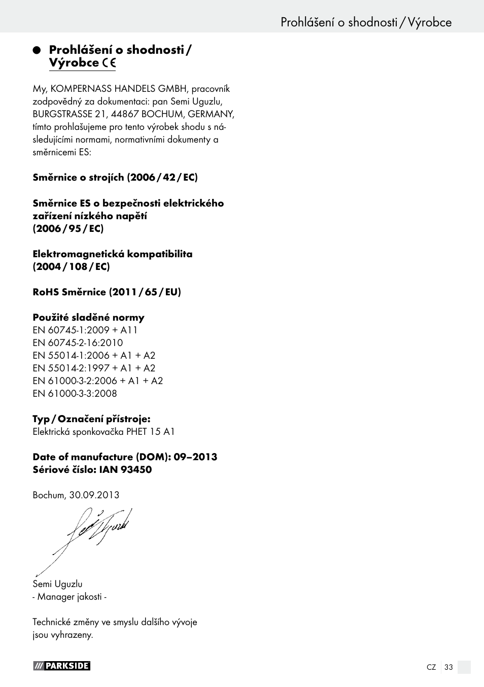 Prohlášení o shodnosti / výrobce | Parkside PHET 15 A1 User Manual | Page 33 / 50