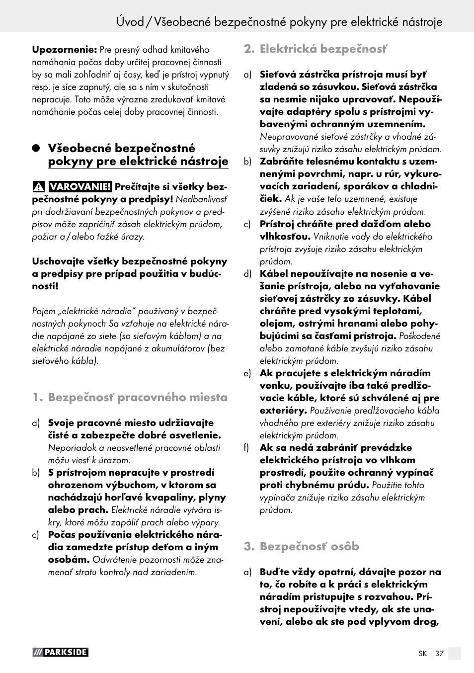 Bezpečnosť pracovného miesta, Elektrická bezpečnosť, Bezpečnosť osôb | Parkside PHET 15 A1 User Manual | Page 37 / 50