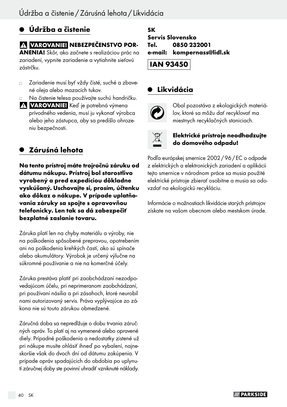 Údržba a čistenie, Záruśná lehota, Likvidácia | Parkside PHET 15 A1 User Manual | Page 40 / 50