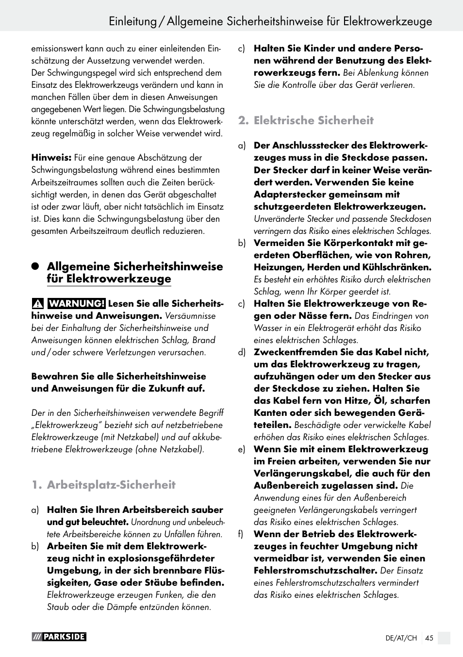 Arbeitsplatz-sicherheit, Elektrische sicherheit | Parkside PHET 15 A1 User Manual | Page 45 / 50