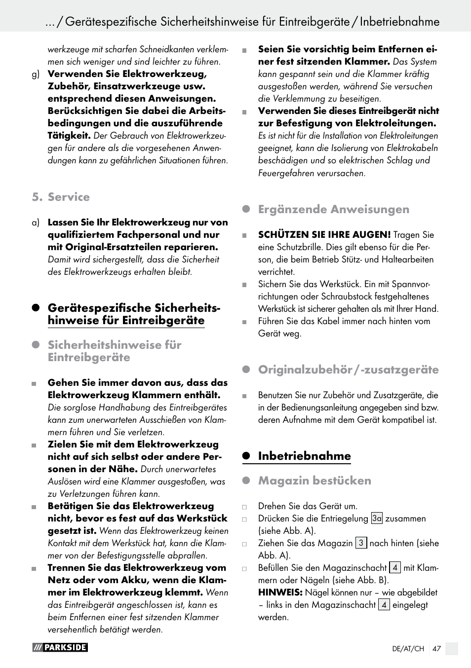 Service, Sicherheitshinweise für eintreibgeräte, Ergänzende anweisungen | Originalzubehör / -zusatzgeräte, Inbetriebnahme, Magazin bestücken | Parkside PHET 15 A1 User Manual | Page 47 / 50