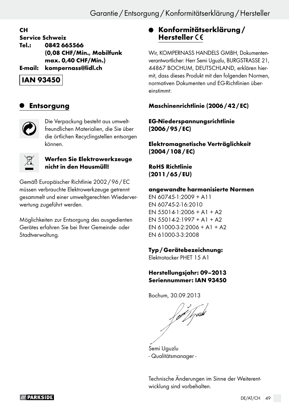 Entsorgung, Konformitätserklärung / hersteller | Parkside PHET 15 A1 User Manual | Page 49 / 50