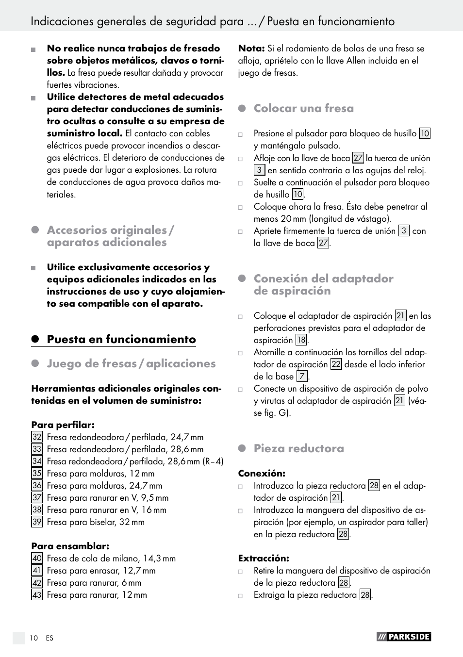 Accesorios originales / aparatos adicionales, Colocar una fresa, Conexión del adaptador de aspiración | Pieza reductora | Parkside POF 1200 A1 User Manual | Page 10 / 55
