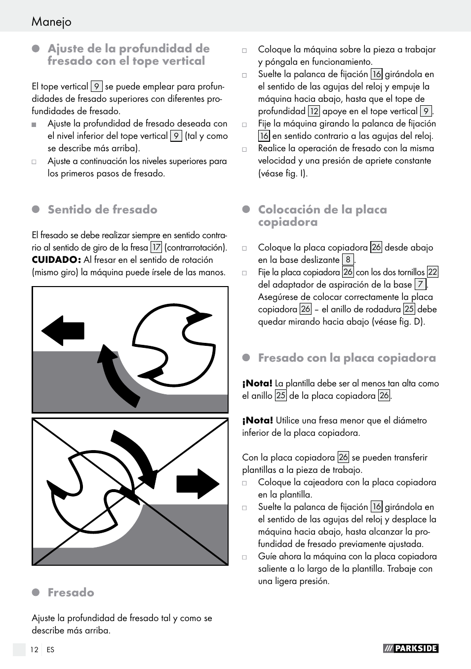 Sentido de fresado, Fresado, Colocación de la placa copiadora | Fresado con la placa copiadora | Parkside POF 1200 A1 User Manual | Page 12 / 55