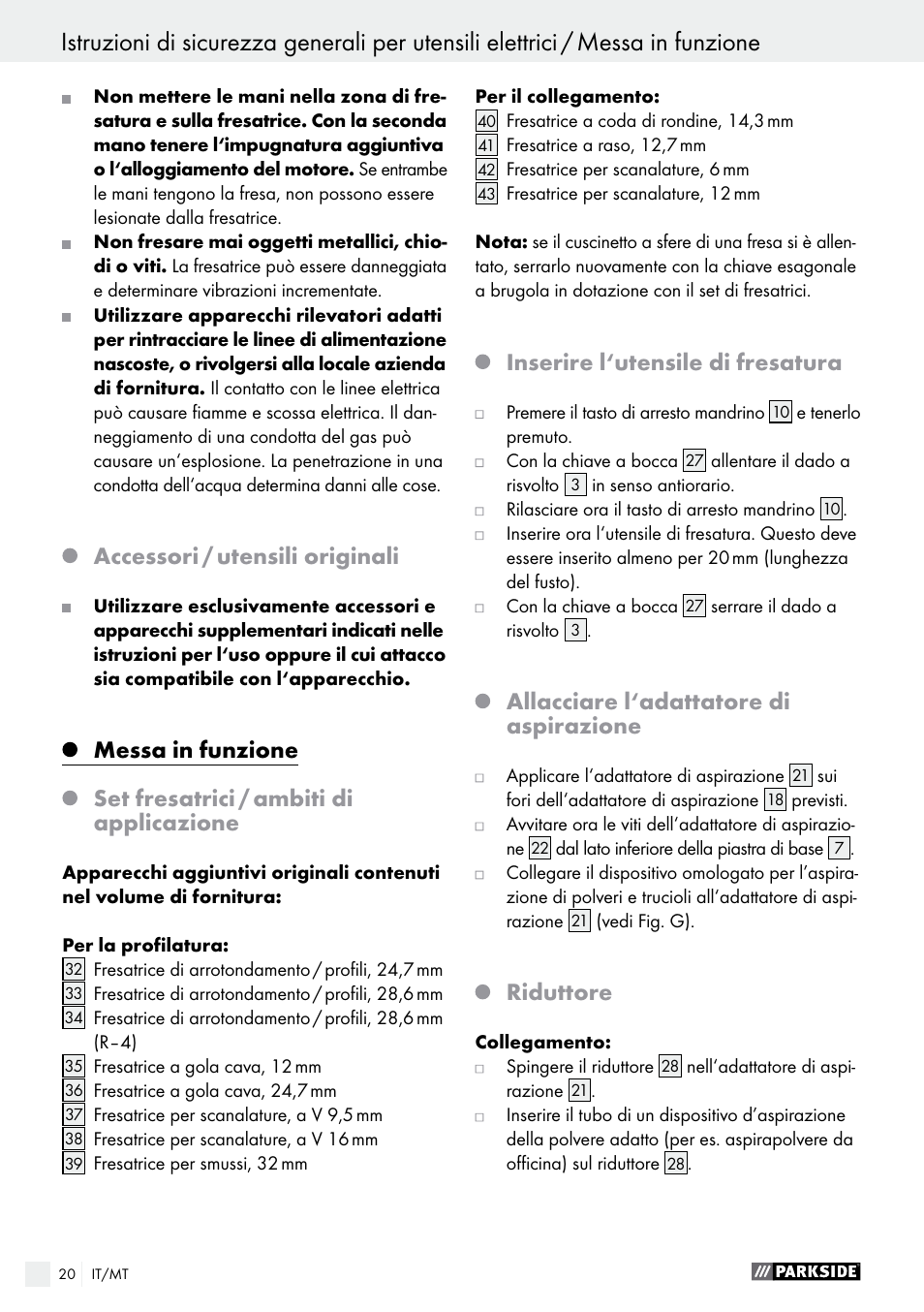 Accessori / utensili originali, Inserire l‘utensile di fresatura, Allacciare l‘adattatore di aspirazione | Riduttore | Parkside POF 1200 A1 User Manual | Page 20 / 55