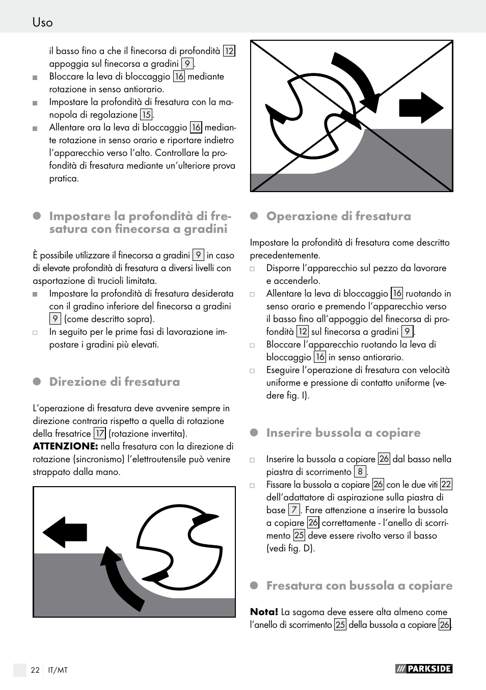 Uso uso / manutenzione e pulizia / garanzia, Direzione di fresatura, Operazione di fresatura | Inserire bussola a copiare, Fresatura con bussola a copiare | Parkside POF 1200 A1 User Manual | Page 22 / 55