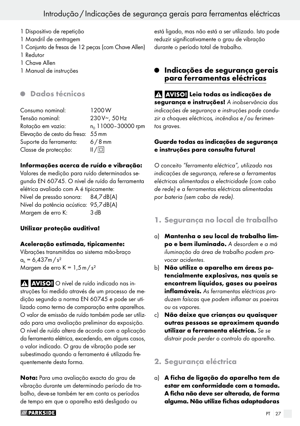 Dados técnicos, Segurança no local de trabalho, Segurança eléctrica | Parkside POF 1200 A1 User Manual | Page 27 / 55