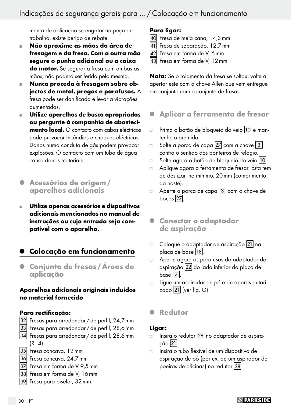 Acessórios de origem / aparelhos adicionais, Aplicar a ferramenta de fresar, Conectar o adaptador de aspiração | Redutor | Parkside POF 1200 A1 User Manual | Page 30 / 55