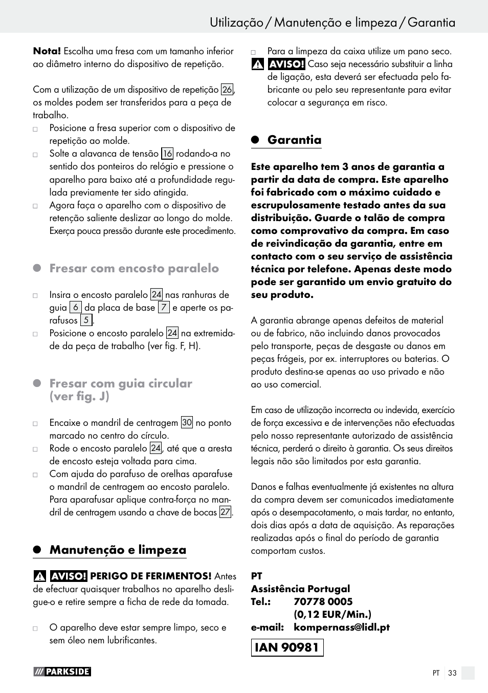 Fresar com encosto paralelo, Fresar com guia circular (ver fig. j), Manutenção e limpeza | Garantia | Parkside POF 1200 A1 User Manual | Page 33 / 55