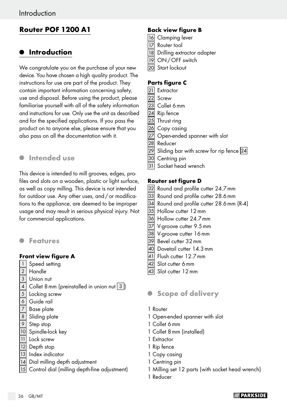 Intended use, Features, Scope of delivery | Parkside POF 1200 A1 User Manual | Page 36 / 55