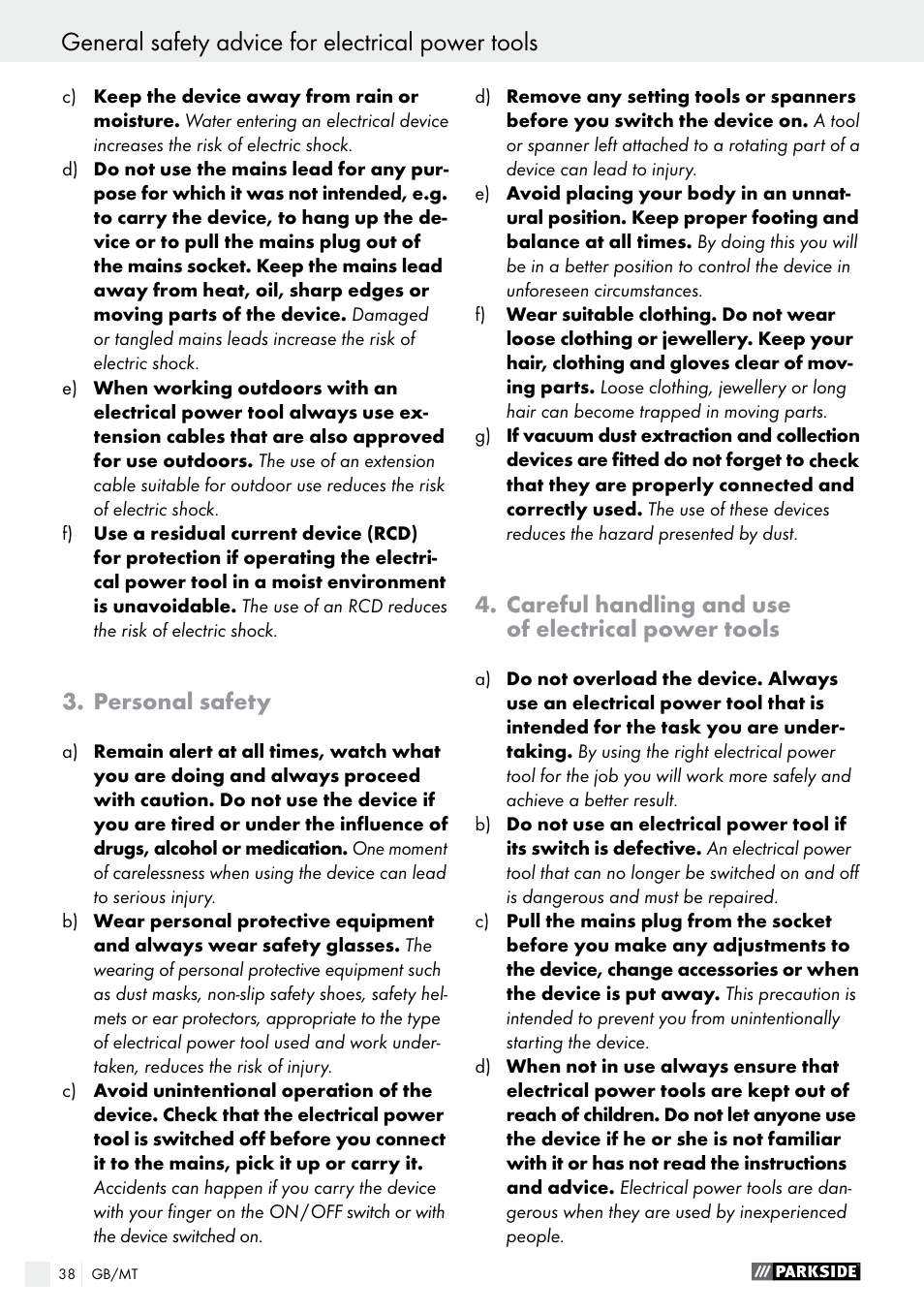 General safety advice for electrical power tools, Personal safety, Careful handling and use of electrical power tools | Parkside POF 1200 A1 User Manual | Page 38 / 55