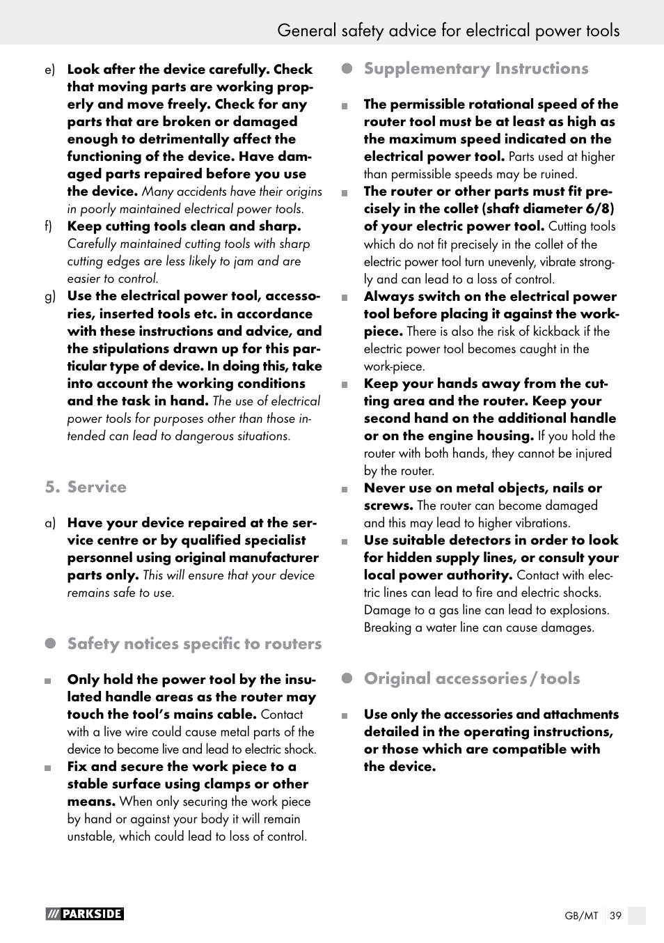 General safety advice for electrical power tools | Parkside POF 1200 A1 User Manual | Page 39 / 55